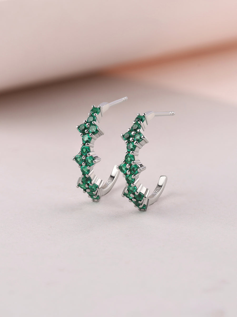 Silver Green Emerald CZ Marquise Hoop Earrings
