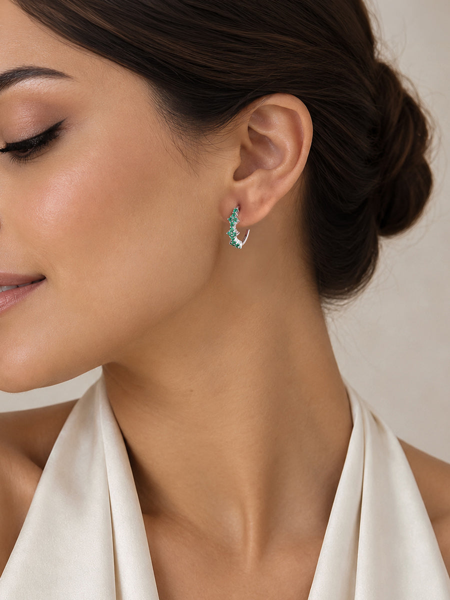 Silver Green Emerald CZ Marquise Hoop Earrings