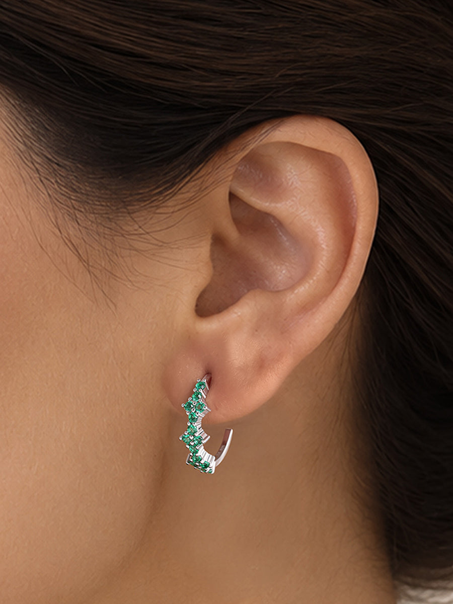 Silver Green Emerald CZ Marquise Hoop Earrings