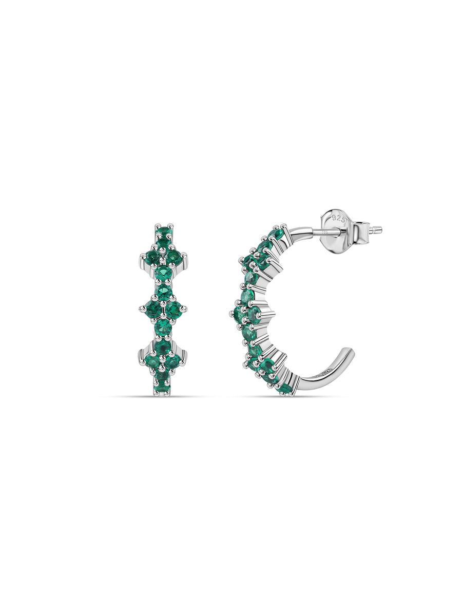 Silver Green Emerald CZ Marquise Hoop Earrings