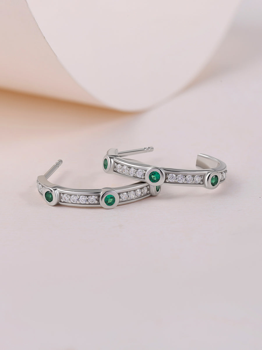 Silver Green Emerald CZ Accent Hoop Earrings