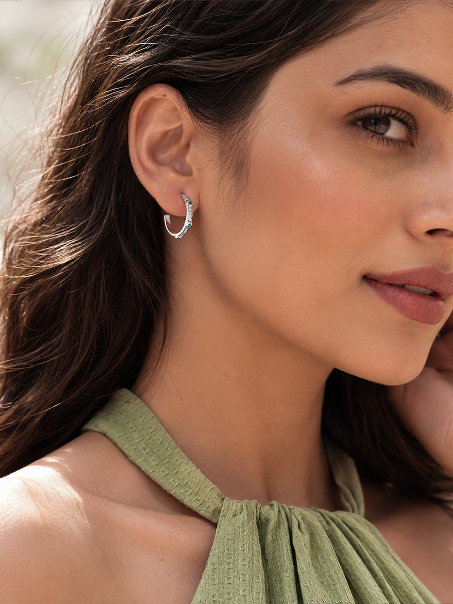 Silver Green Emerald CZ Accent Hoop Earrings