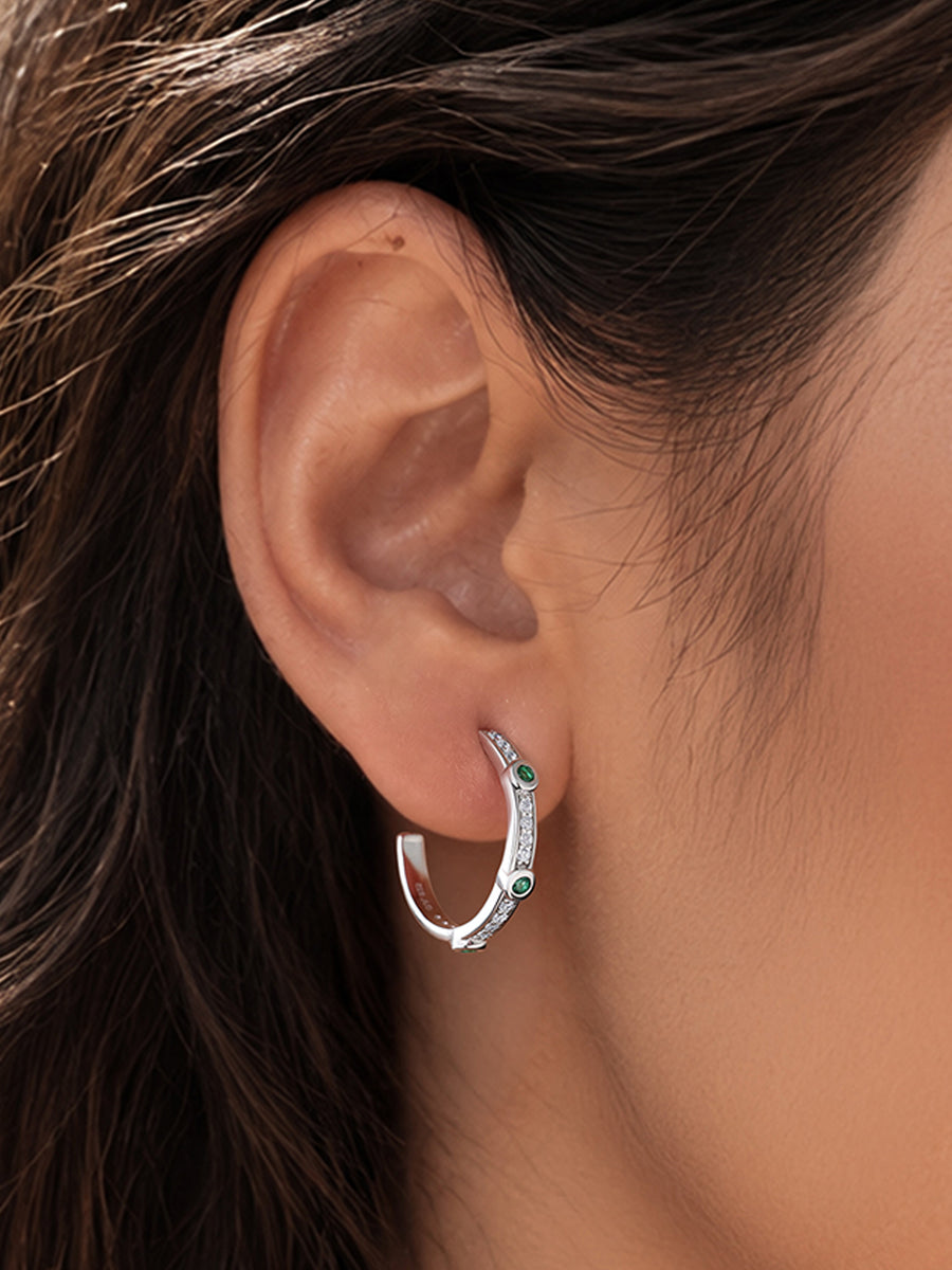 Silver Green Emerald CZ Accent Hoop Earrings
