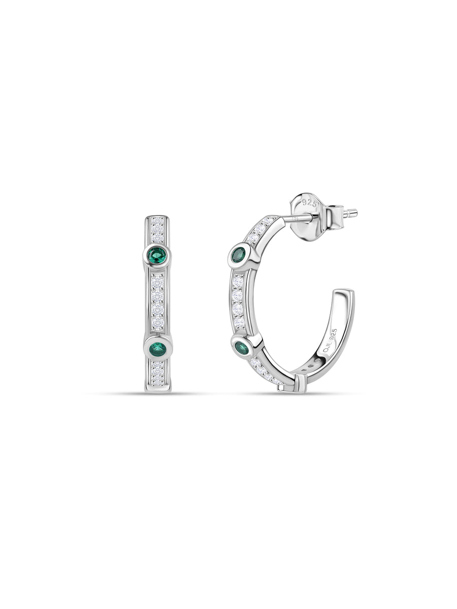 Silver Green Emerald CZ Accent Hoop Earrings