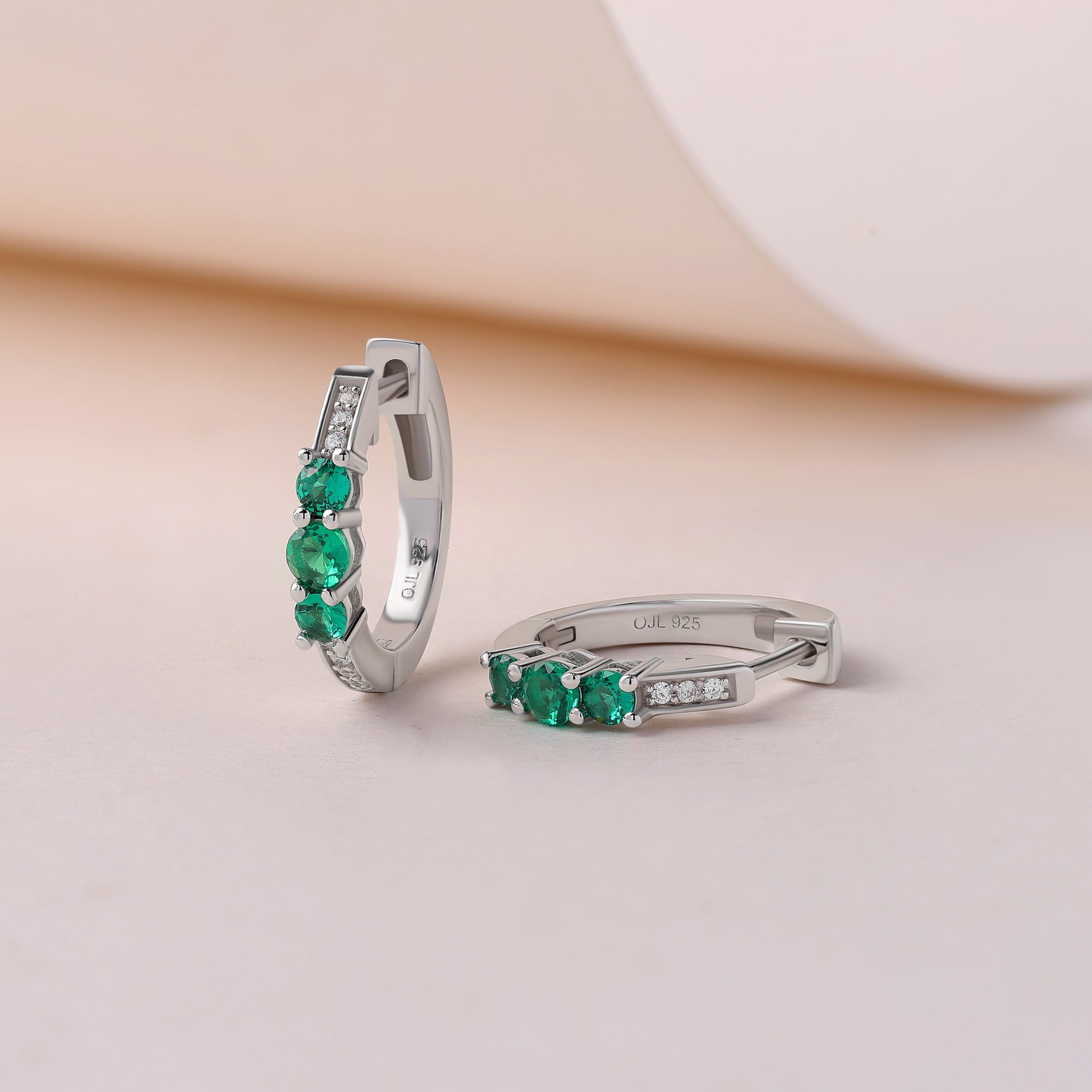 Silver Green Emerald CZ Trio Huggie Earrings
