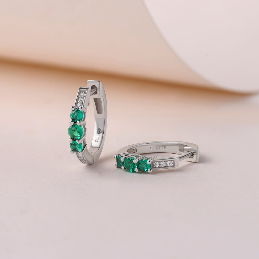 Silver Green Emerald CZ Trio Huggie Earrings