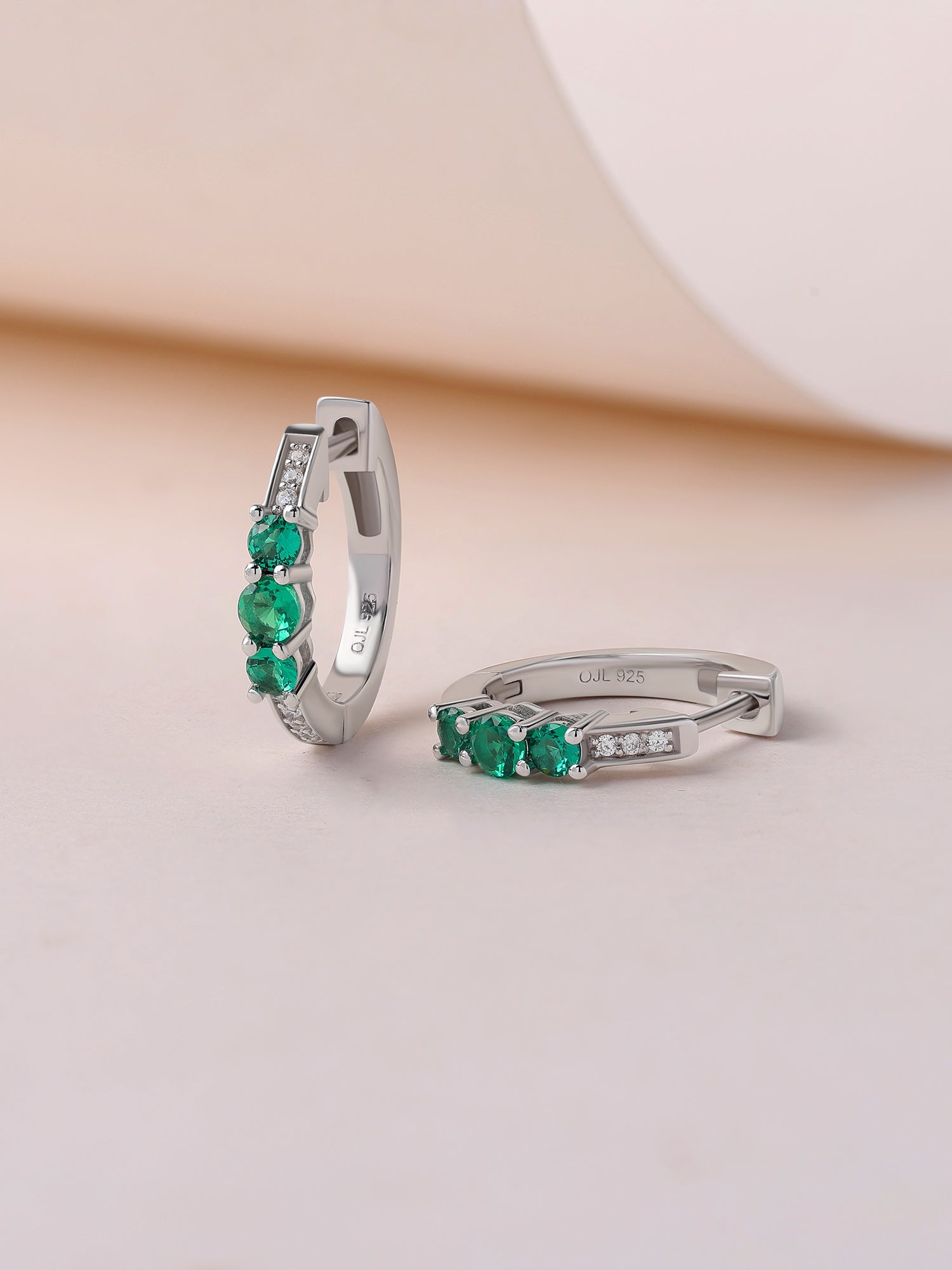Silver Green Emerald CZ Trio Huggie Earrings
