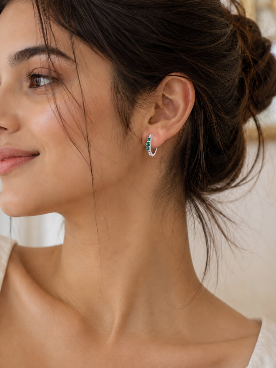 Silver Green Emerald CZ Trio Huggie Earrings