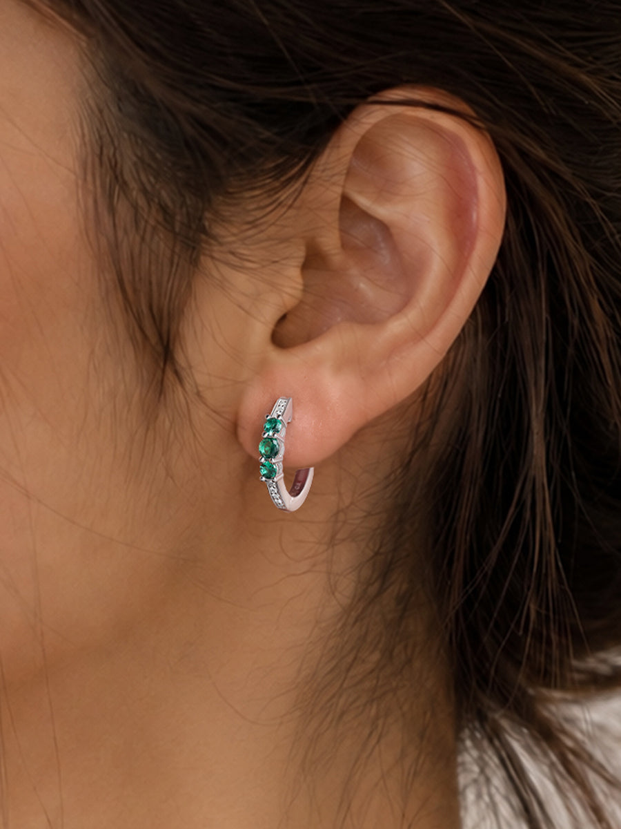 Silver Green Emerald CZ Trio Huggie Earrings