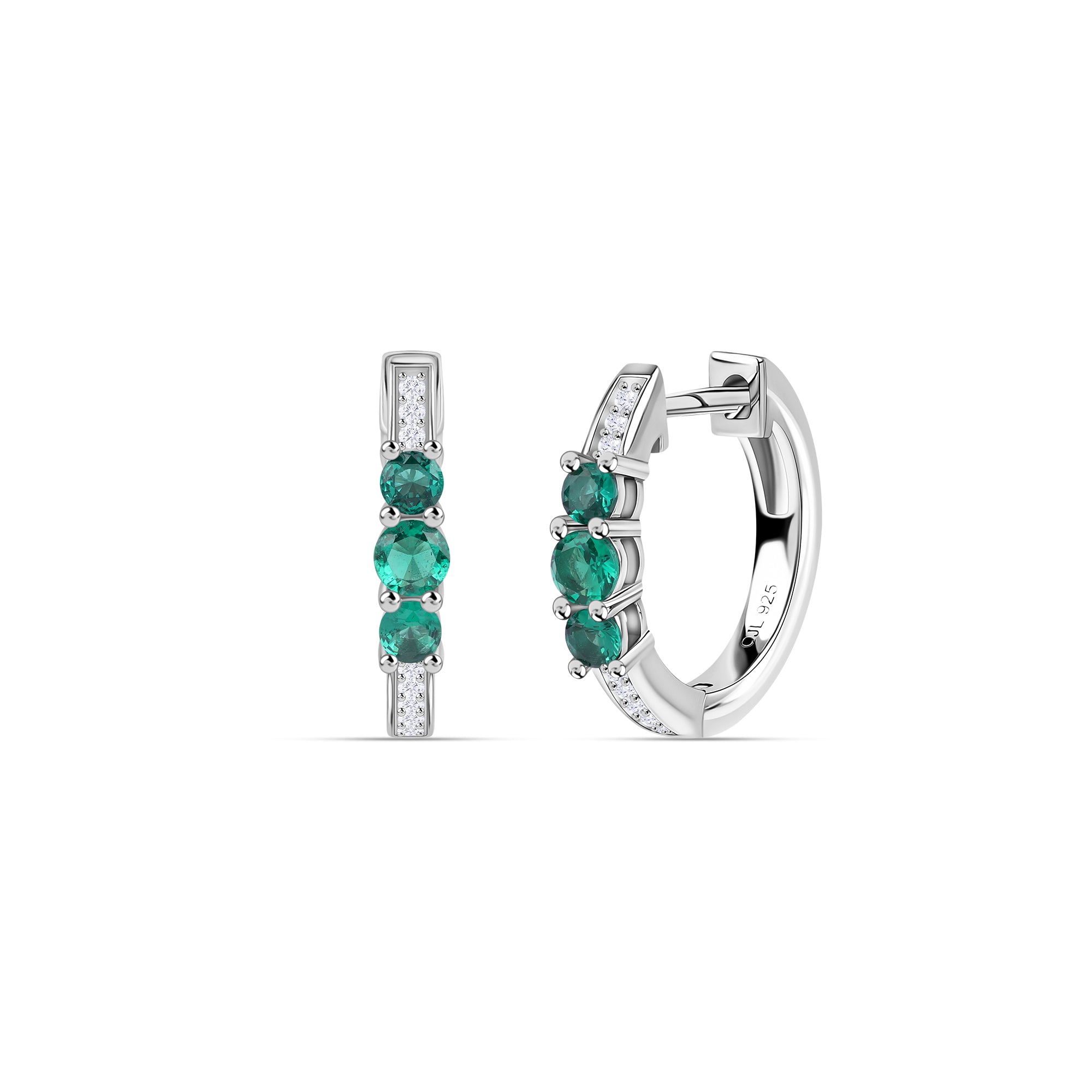Silver Green Emerald CZ Trio Huggie Earrings