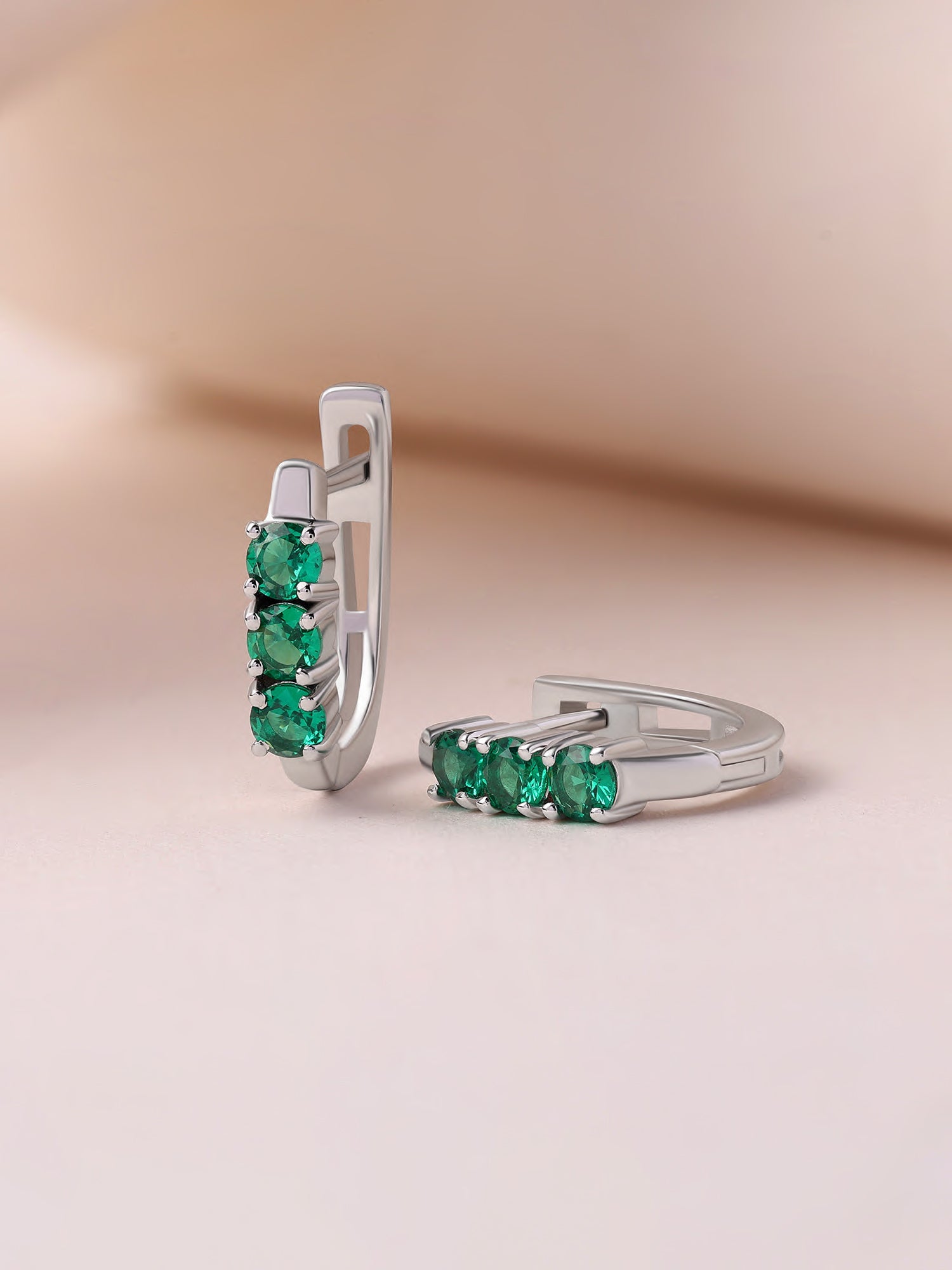 Silver Green Emerald CZ Four Stone Huggie Earrings