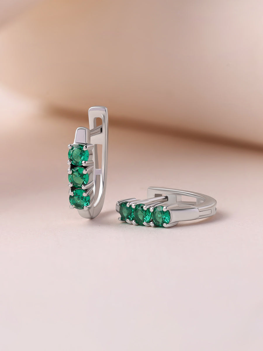 Silver Green Emerald CZ Four Stone Huggie Earrings