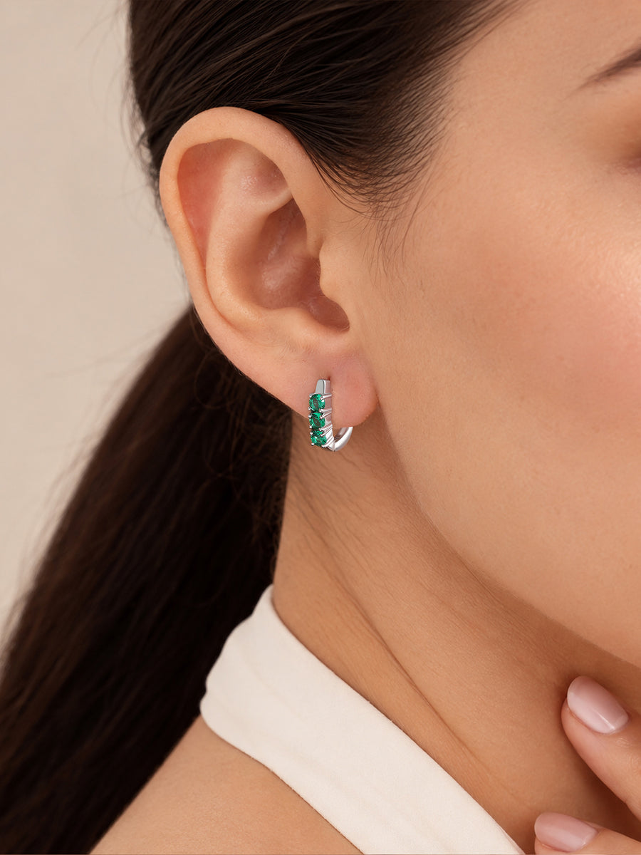Silver Green Emerald CZ Four Stone Huggie Earrings