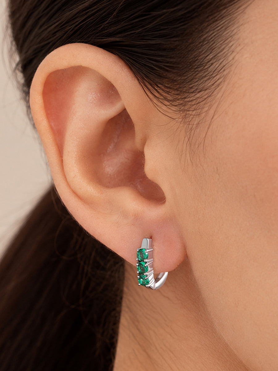 Silver Green Emerald CZ Four Stone Huggie Earrings