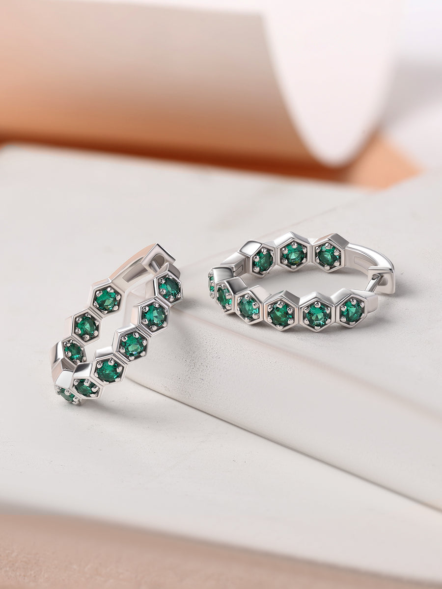 Silver Green Emerald CZ Honeycomb Hoop Earrings