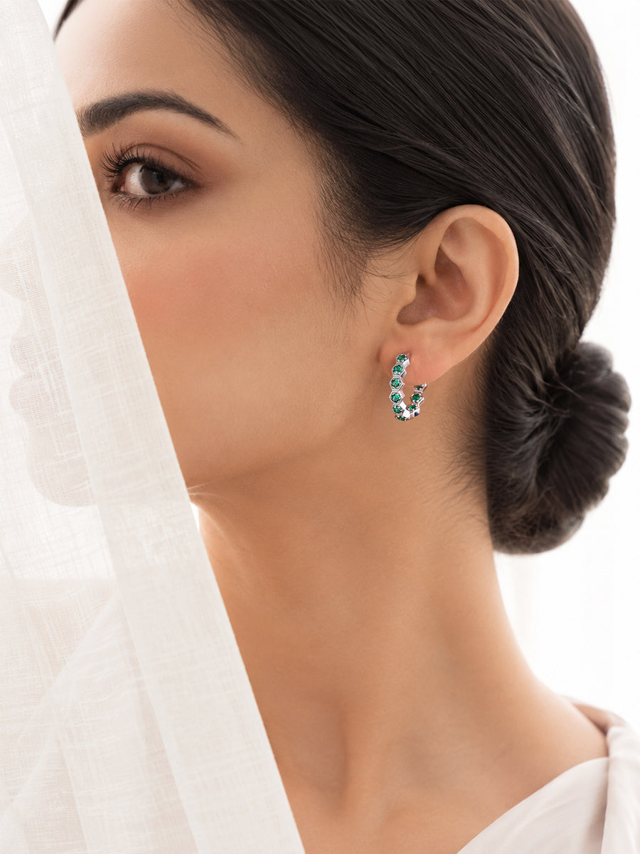 Silver Green Emerald CZ Honeycomb Hoop Earrings