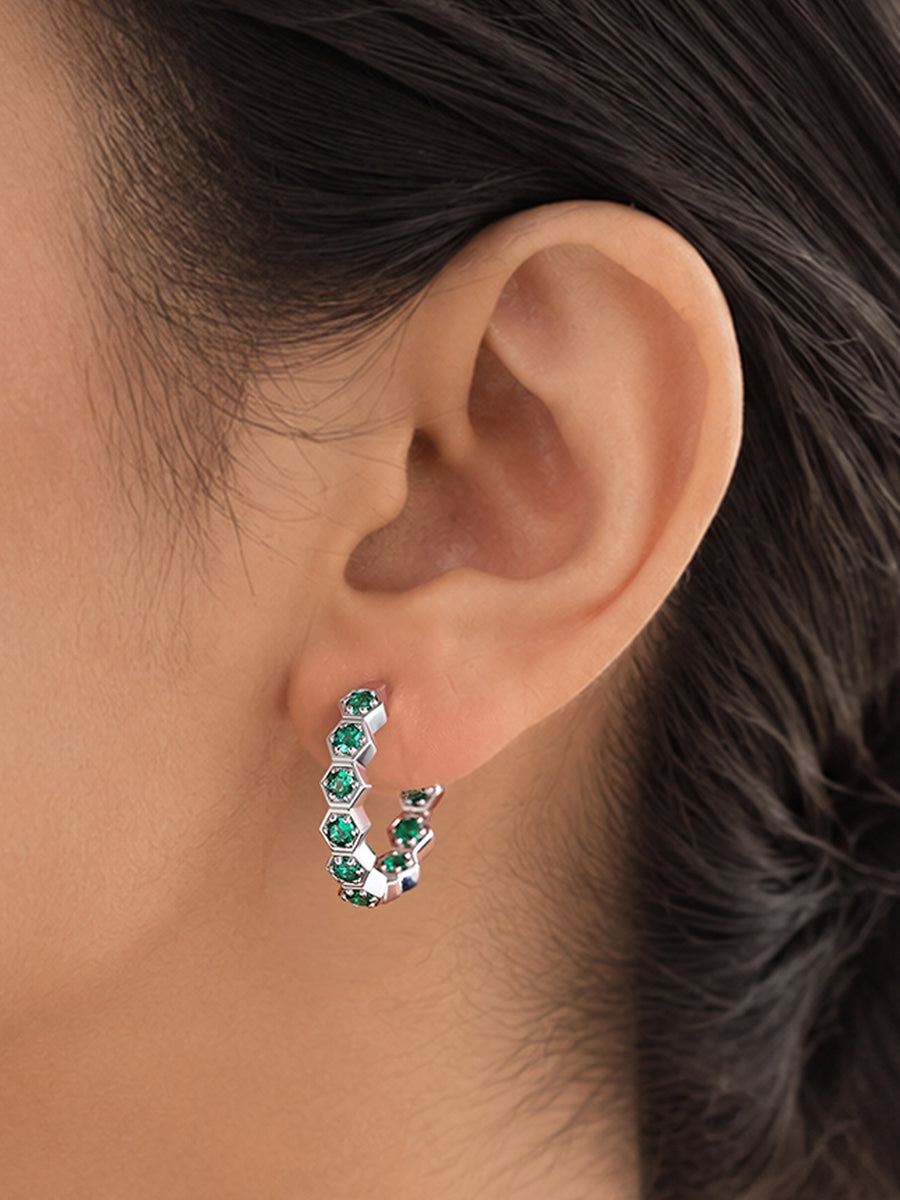Silver Green Emerald CZ Honeycomb Hoop Earrings