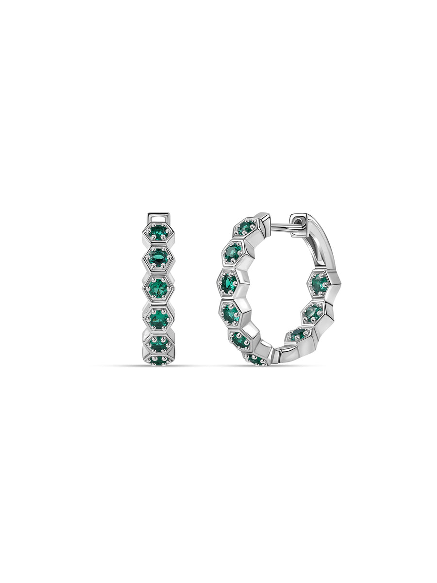 Silver Green Emerald CZ Honeycomb Hoop Earrings