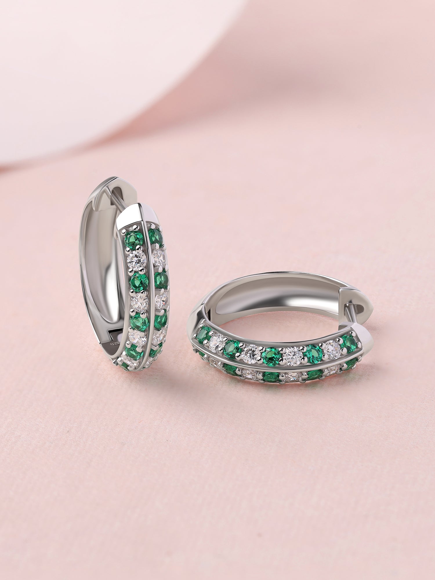 Silver Green Emerald CZ Twin Row Huggie Earrings