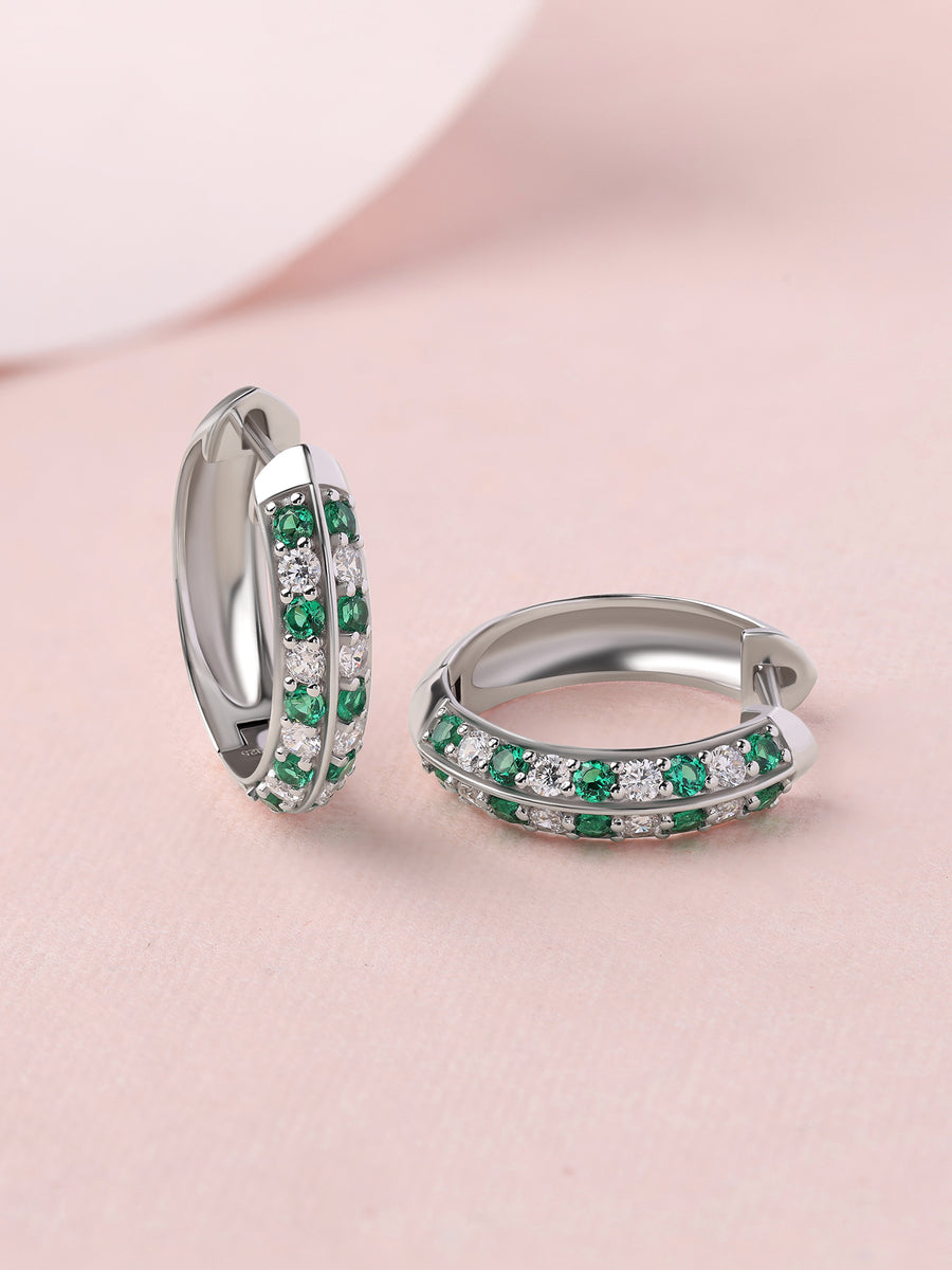 Silver Green Emerald CZ Twin Row Huggie Earrings