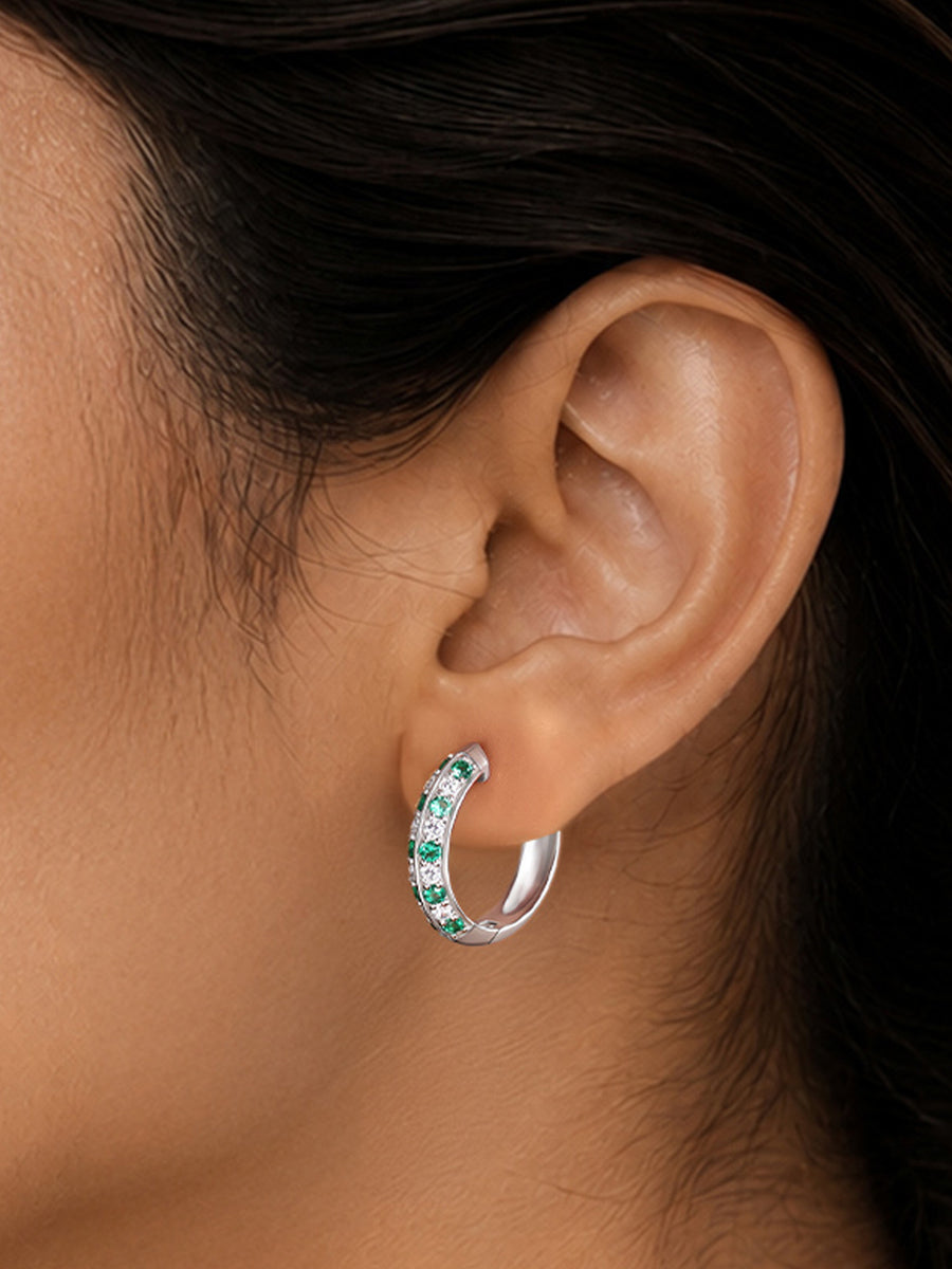 Silver Green Emerald CZ Twin Row Huggie Earrings