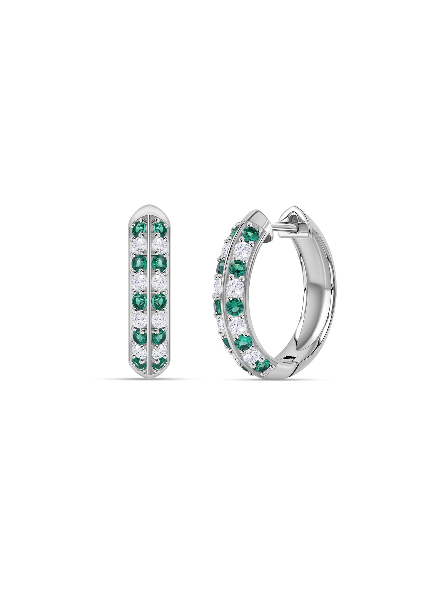 Silver Green Emerald CZ Twin Row Huggie Earrings