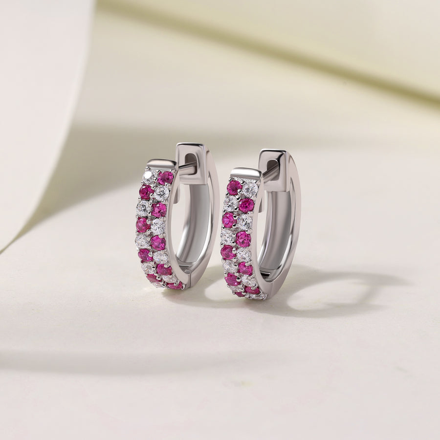 Silver Red Ruby CZ Checker Huggie Earrings