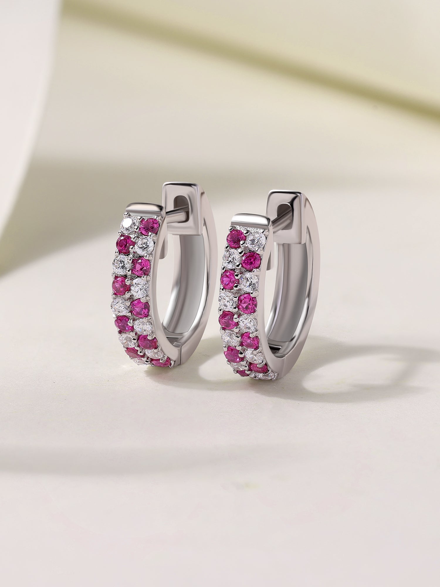 Silver Red Ruby CZ Checker Huggie Earrings