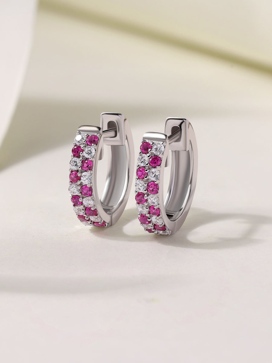 Silver Red Ruby CZ Checker Huggie Earrings