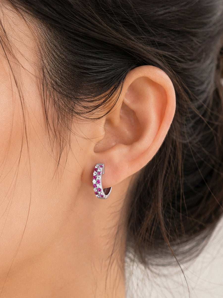 Silver Red Ruby CZ Checker Huggie Earrings