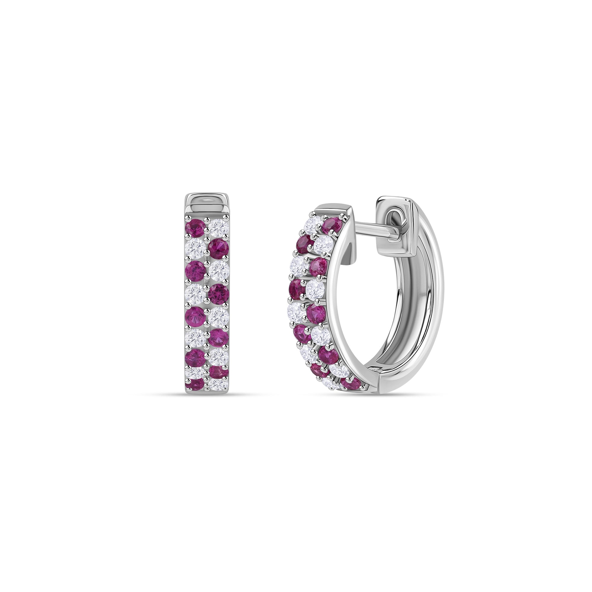 Silver Red Ruby CZ Checker Huggie Earrings