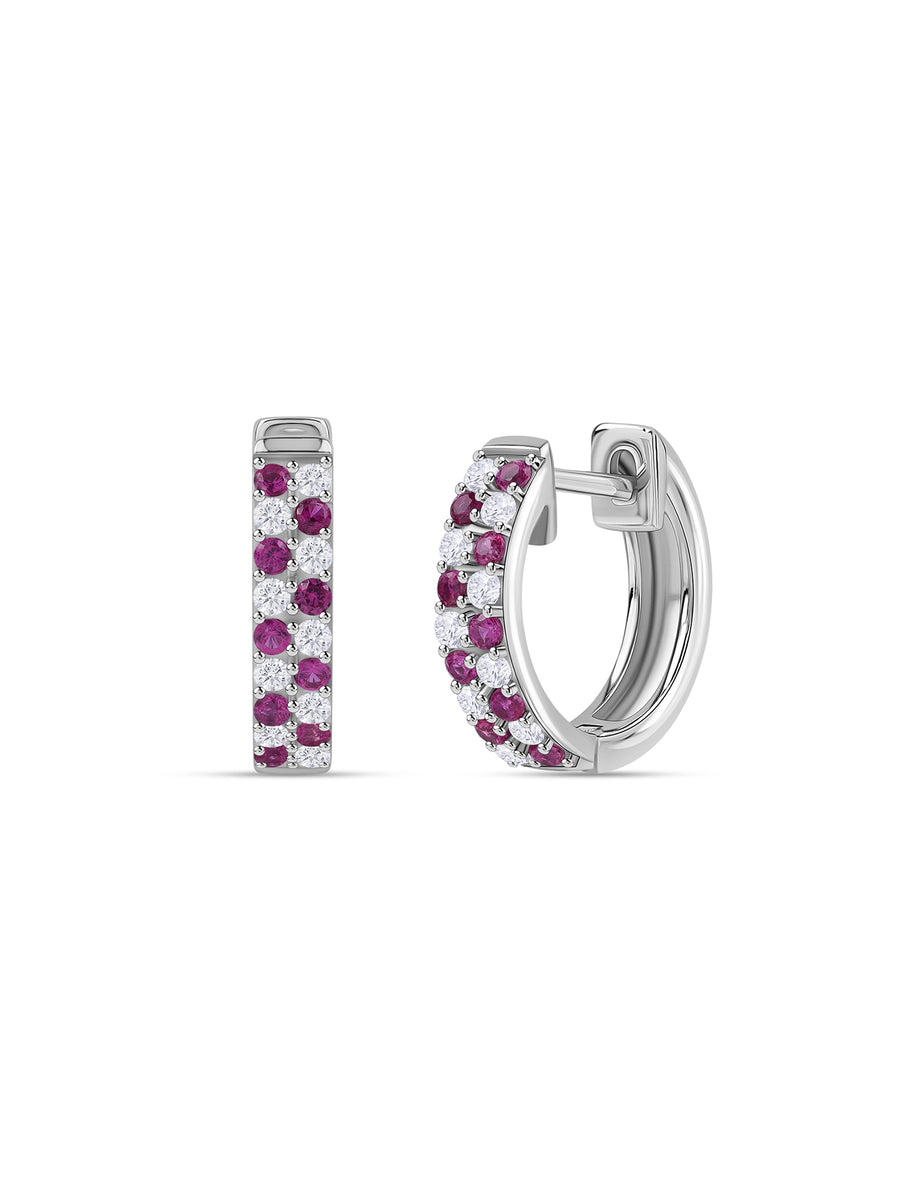 Silver Red Ruby CZ Checker Huggie Earrings