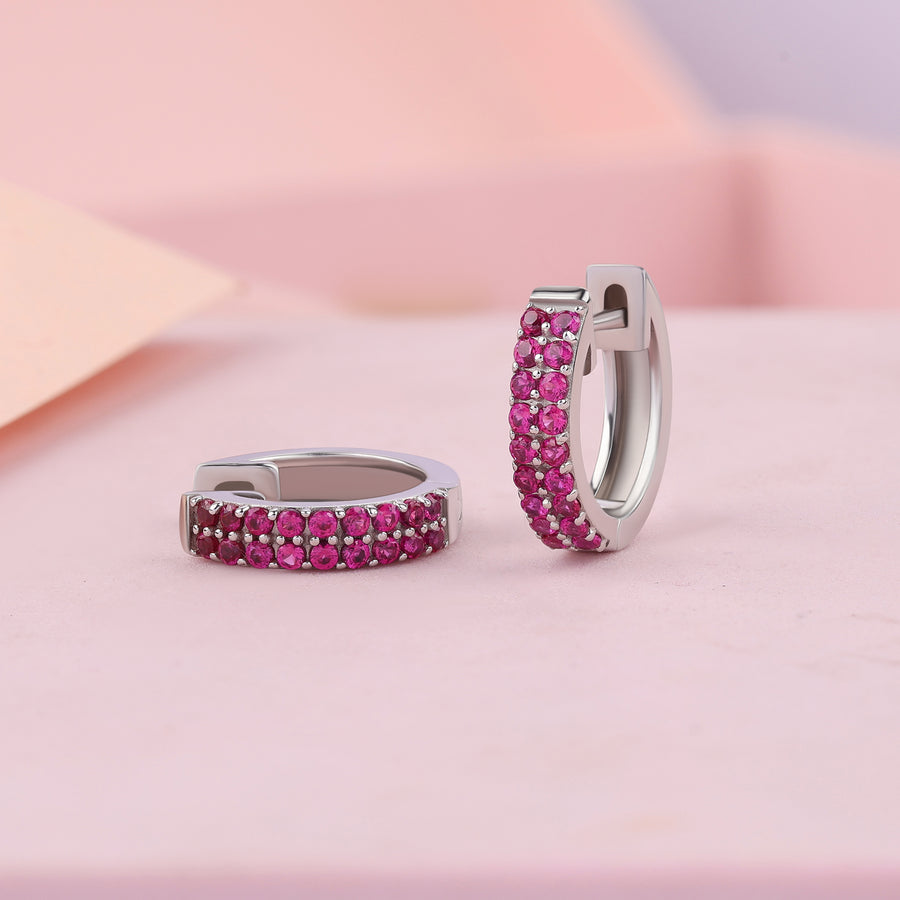 Silver Red Ruby CZ Pave Huggie Earrings