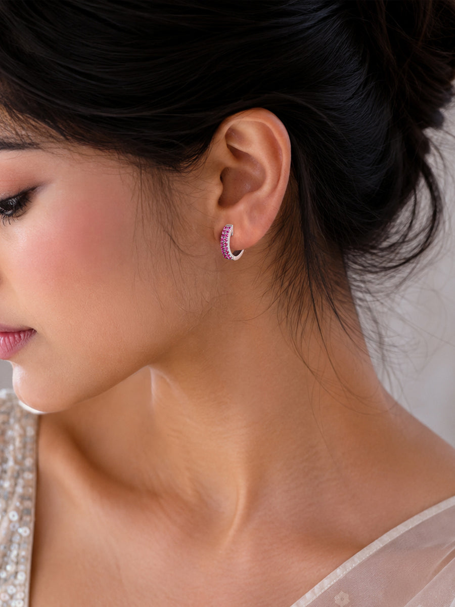 Silver Red Ruby CZ Pave Huggie Earrings