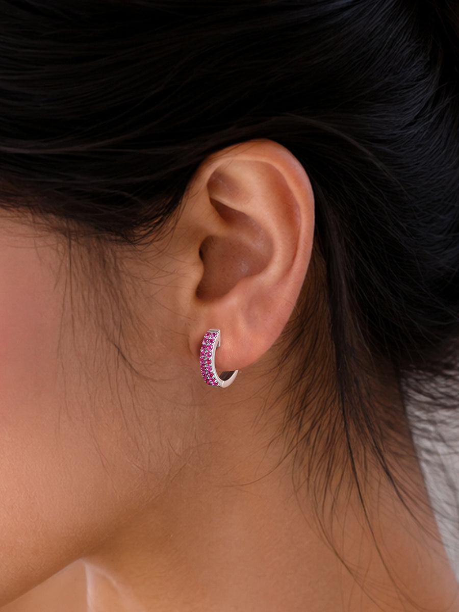 Silver Red Ruby CZ Pave Huggie Earrings