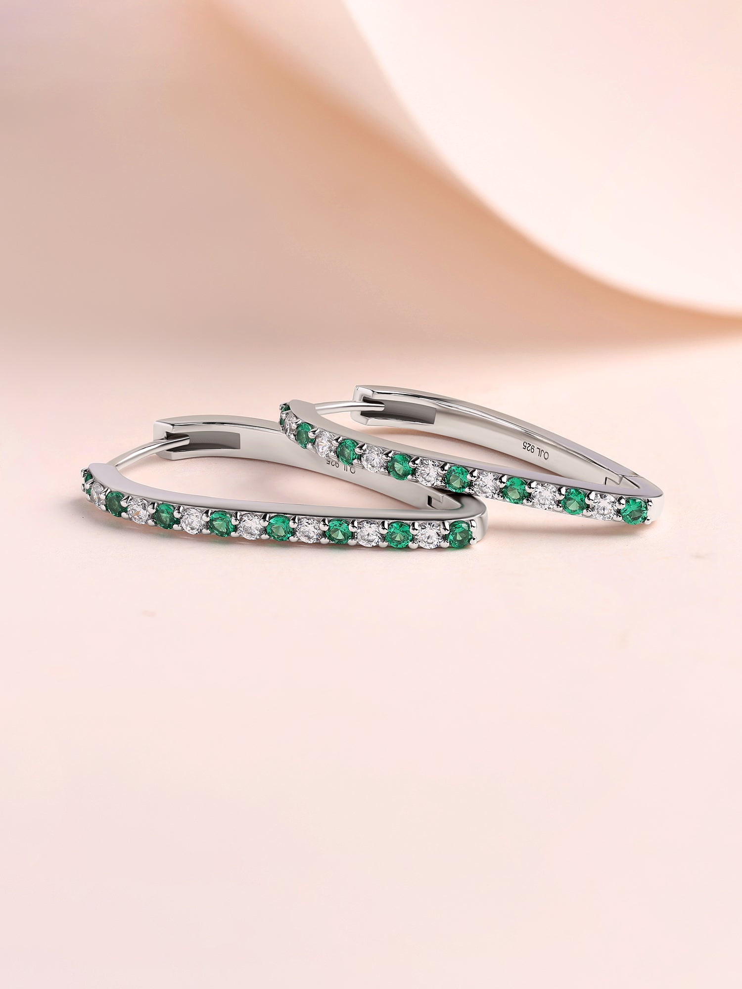 Silver Green Emerald CZ Pear Hoop Earrings
