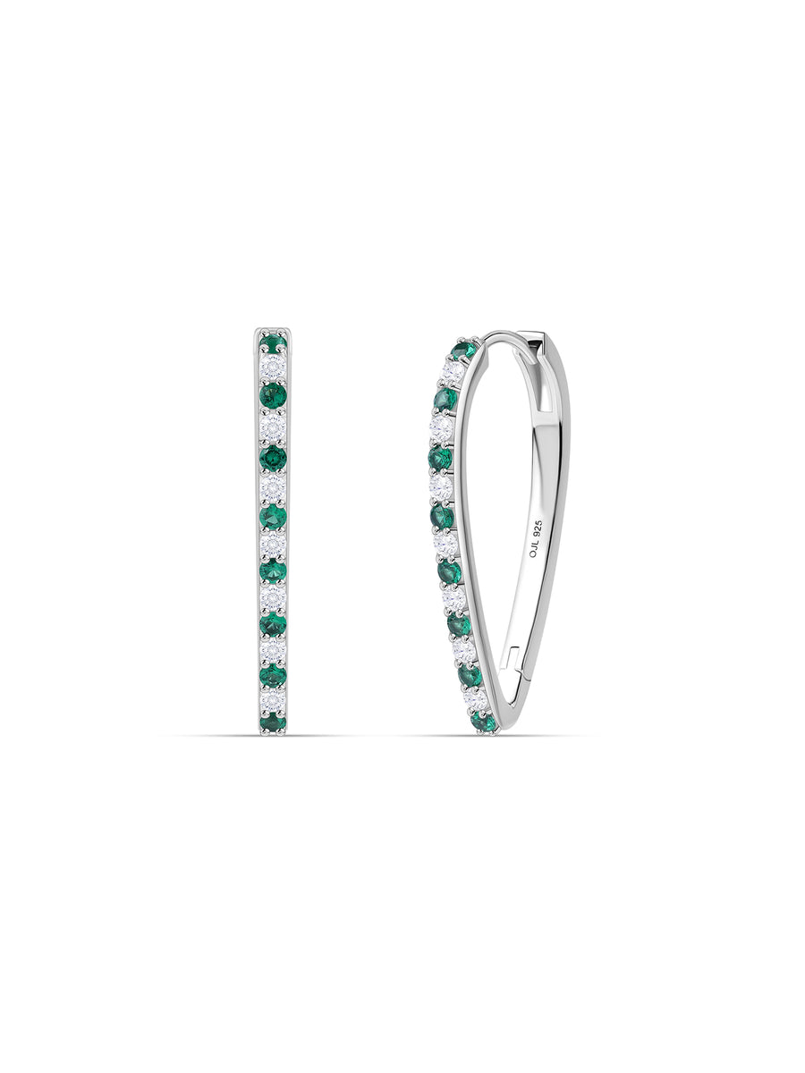 Silver Green Emerald CZ Pear Hoop Earrings