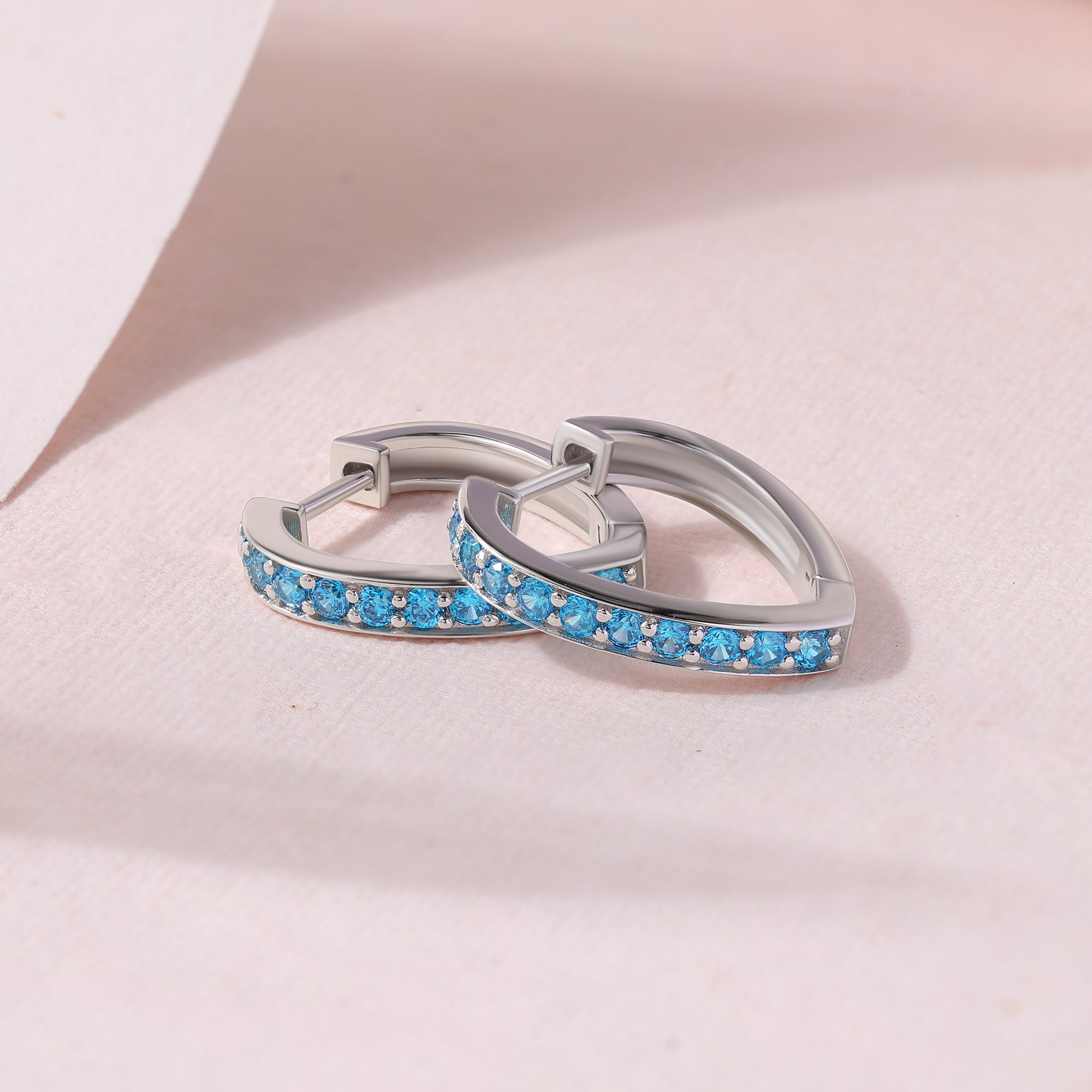 Silver Blue Topaz CZ Heart Hoop Earrings