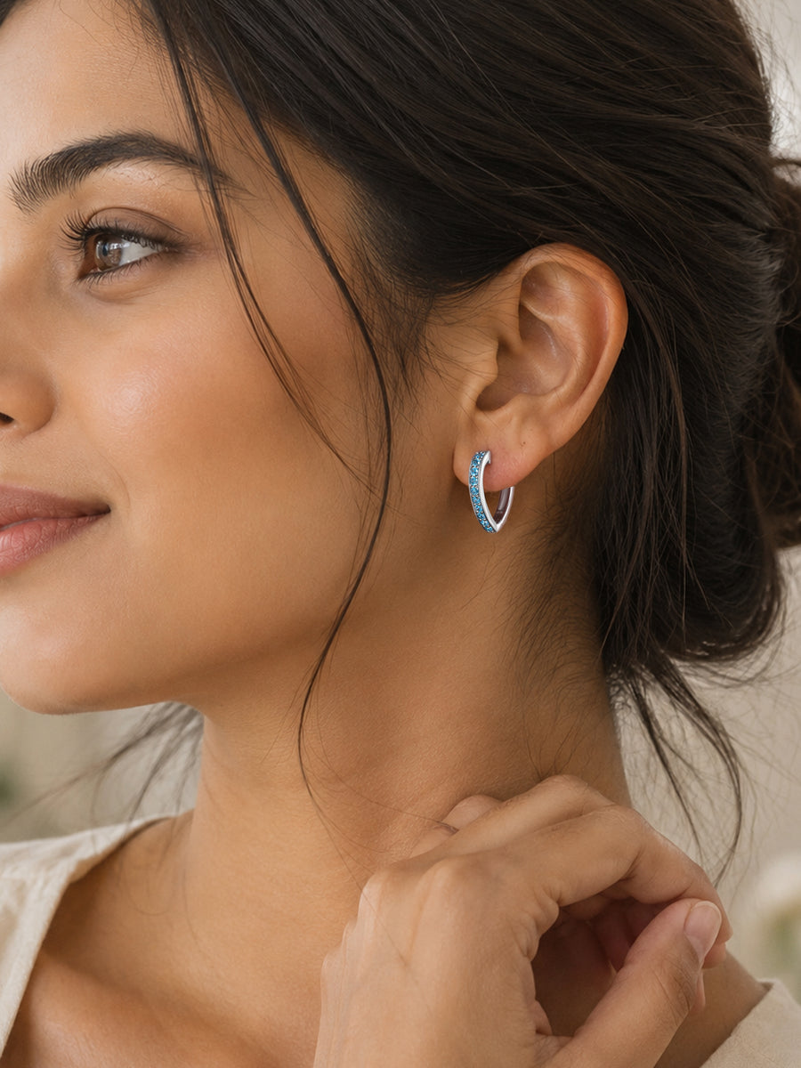 Silver Blue Topaz CZ Heart Hoop Earrings