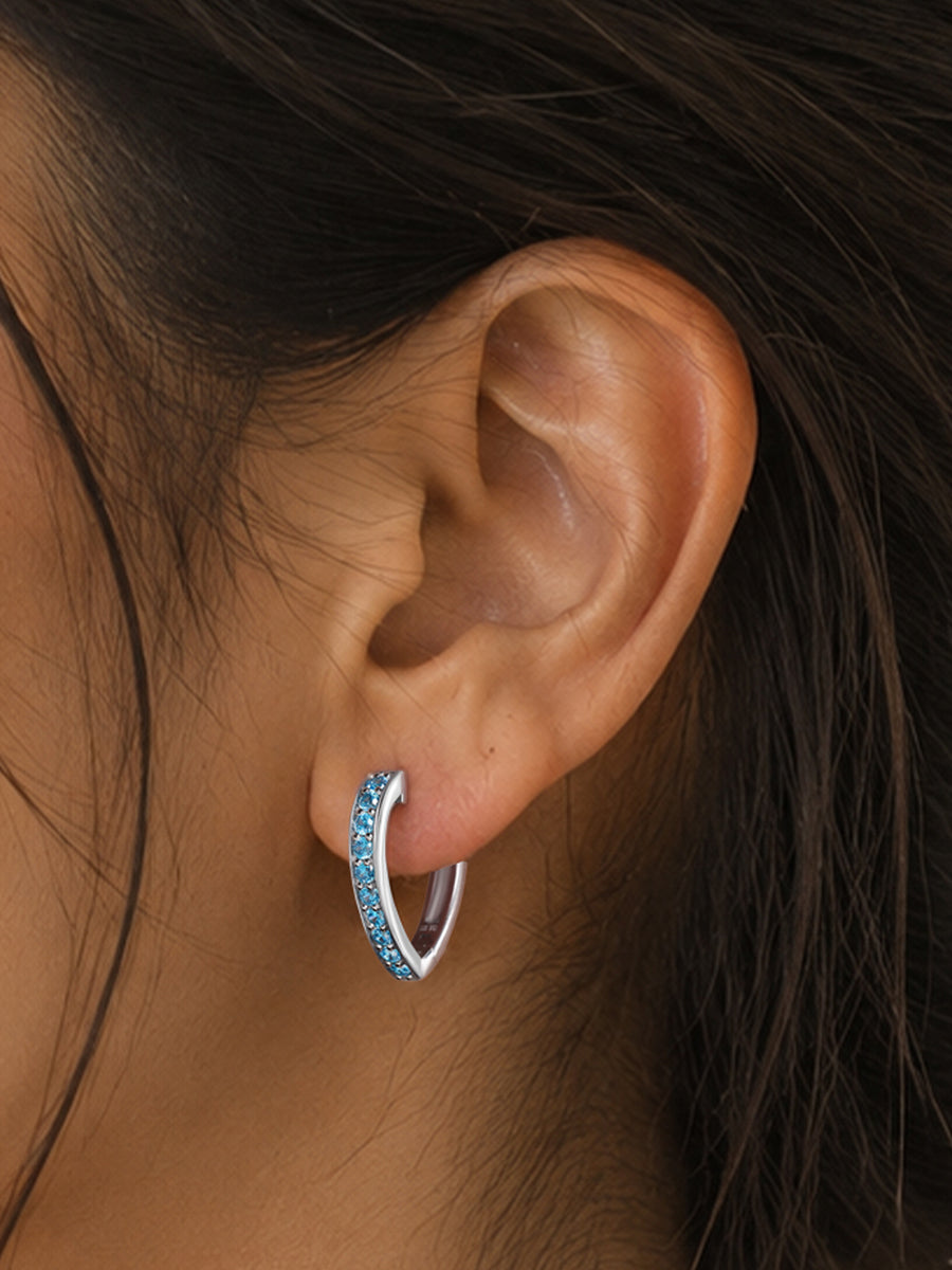 Silver Blue Topaz CZ Heart Hoop Earrings
