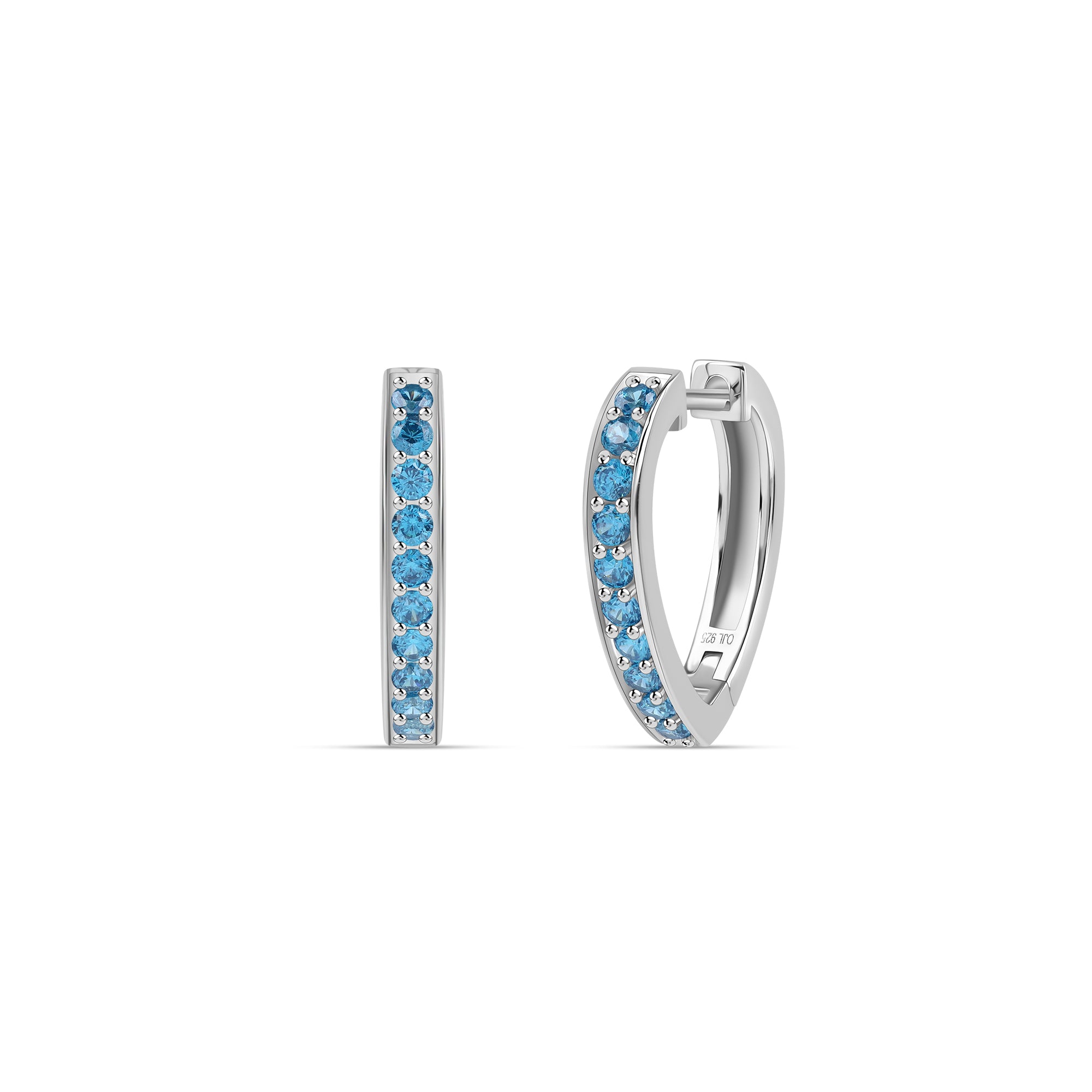Silver Blue Topaz CZ Heart Hoop Earrings