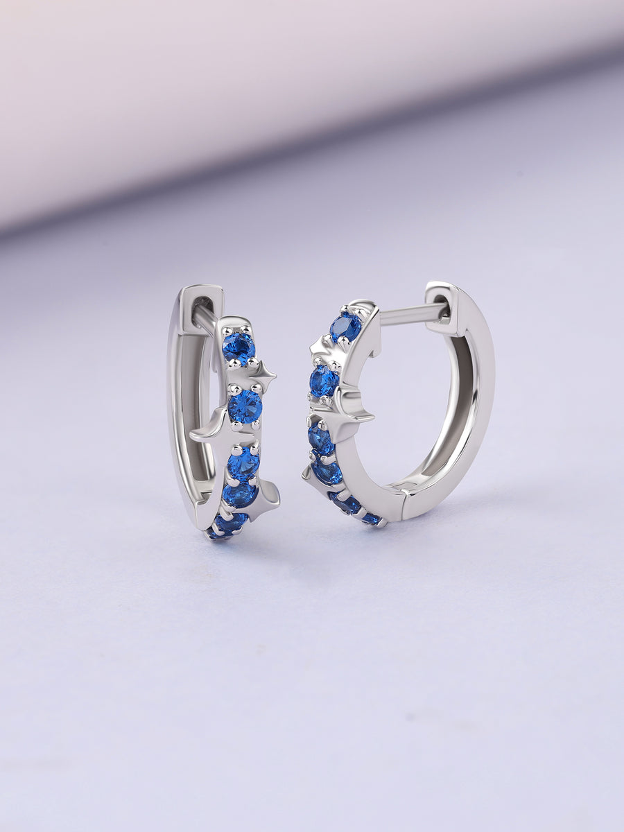 Silver Blue Sapphire CZ Starry Huggie Earrings