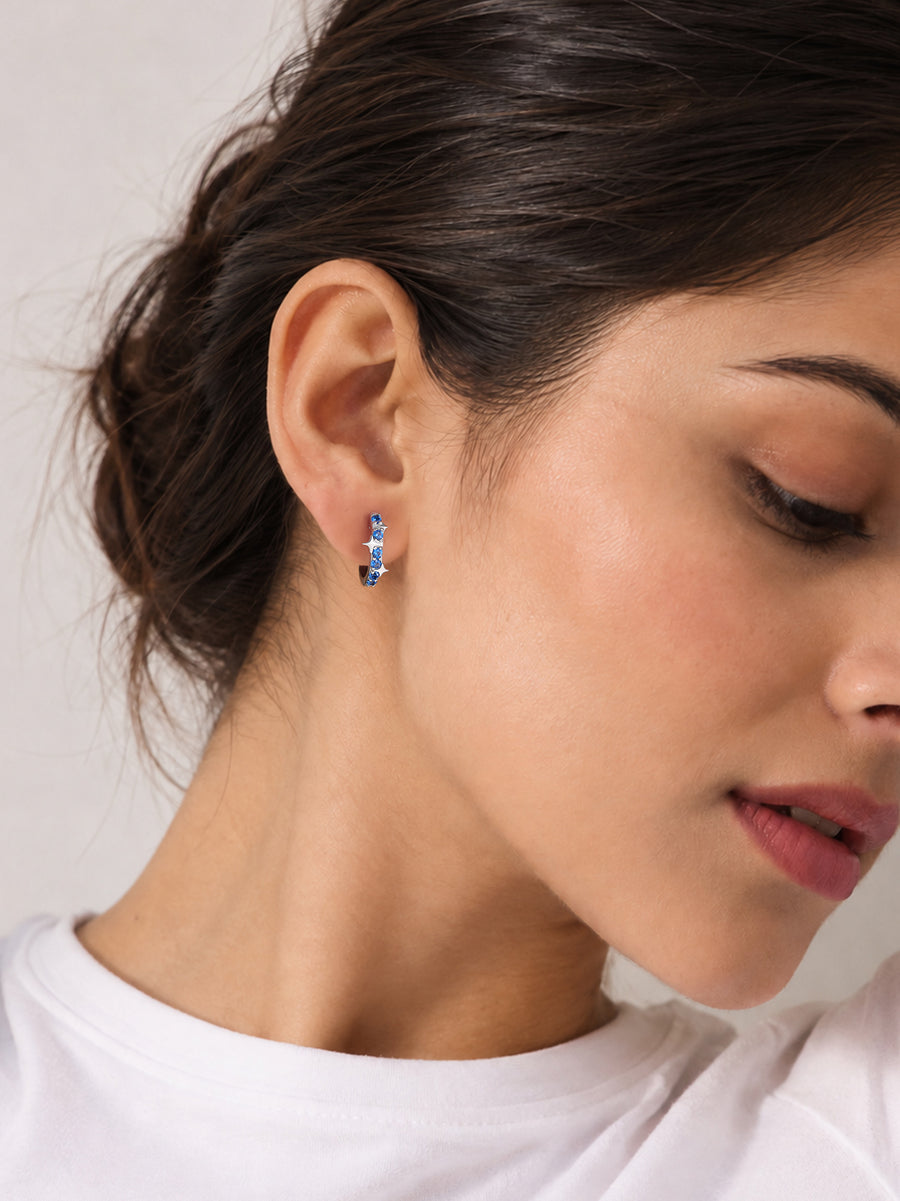 Silver Blue Sapphire CZ Starry Huggie Earrings