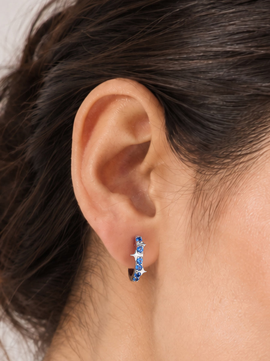 Silver Blue Sapphire CZ Starry Huggie Earrings