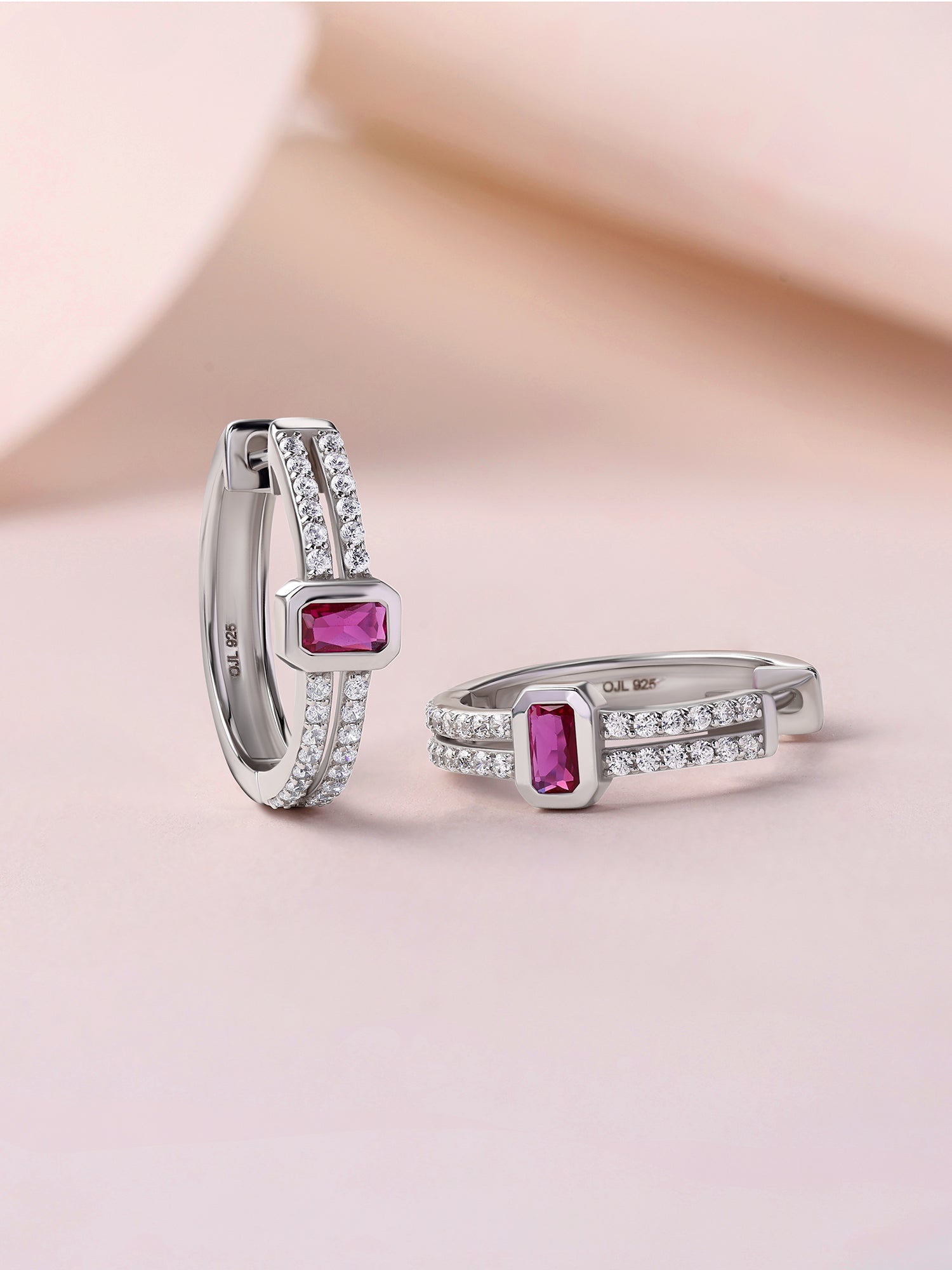 Silver Red Ruby CZ Princess Huggie Earrings