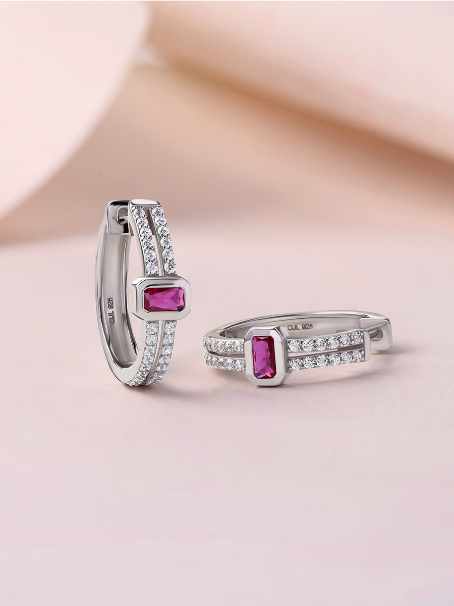 Silver Red Ruby CZ Princess Huggie Earrings