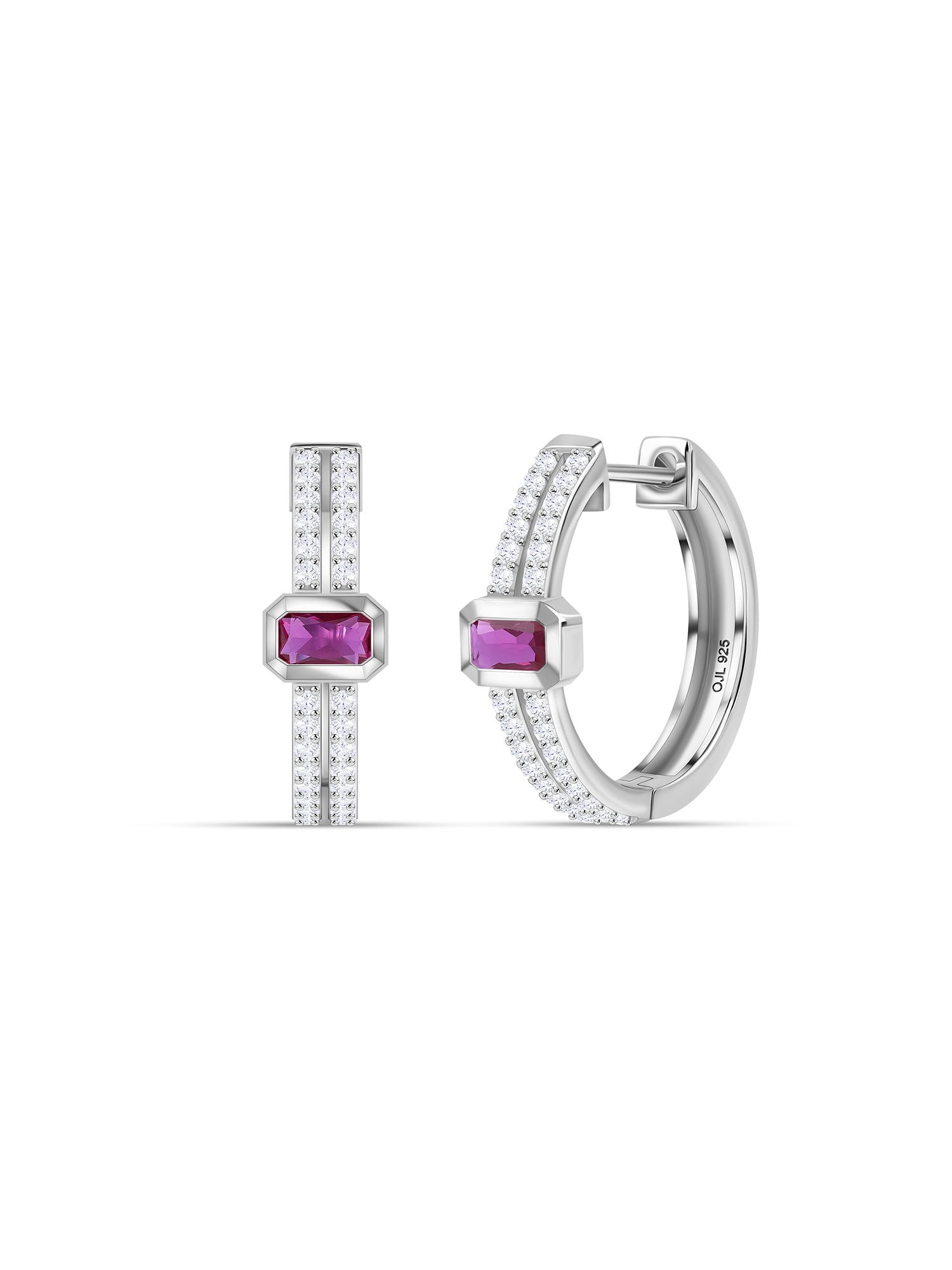 Silver Red Ruby CZ Princess Huggie Earrings