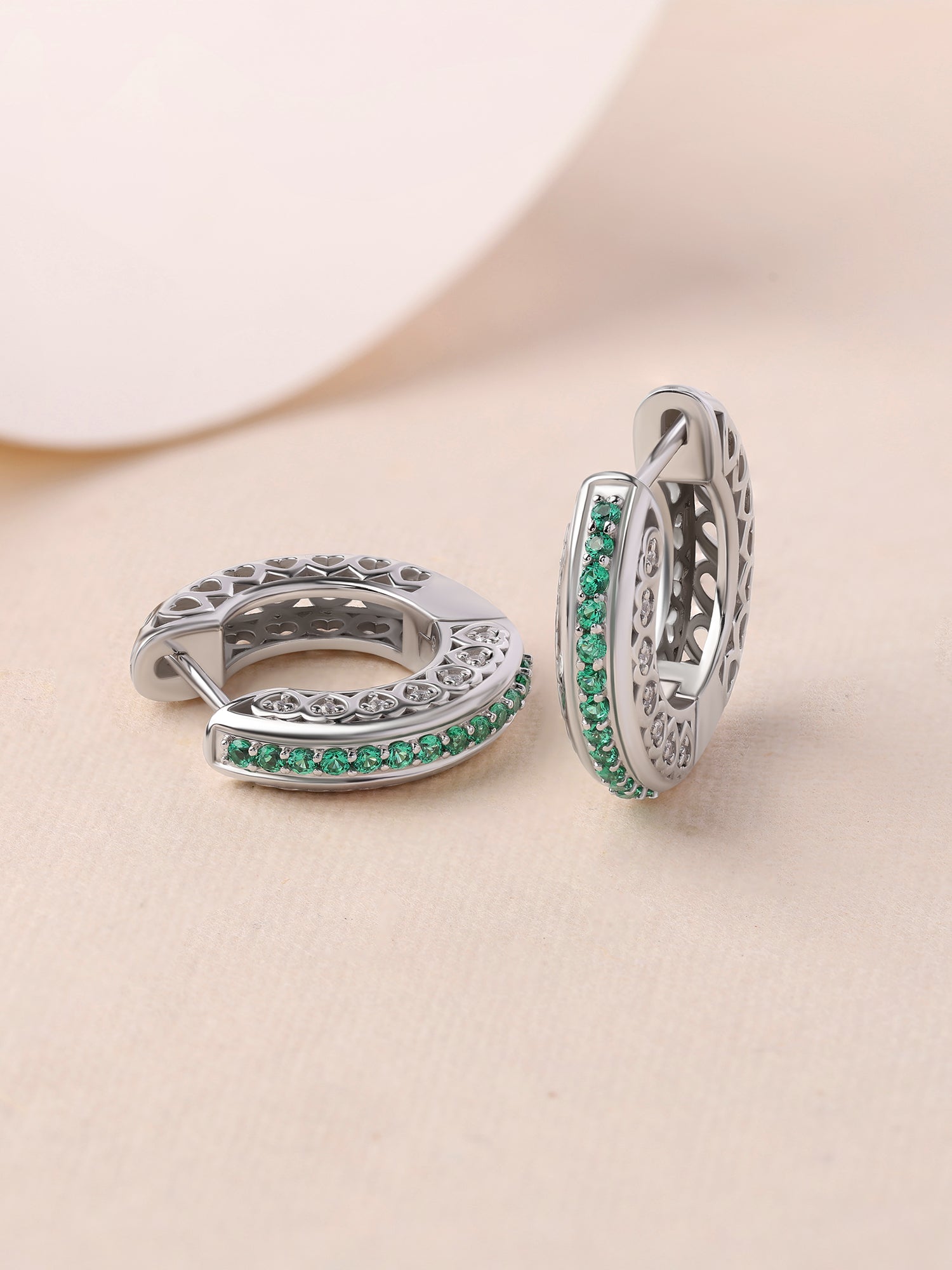 Silver Green Emerald CZ Textured Hoop Earrings