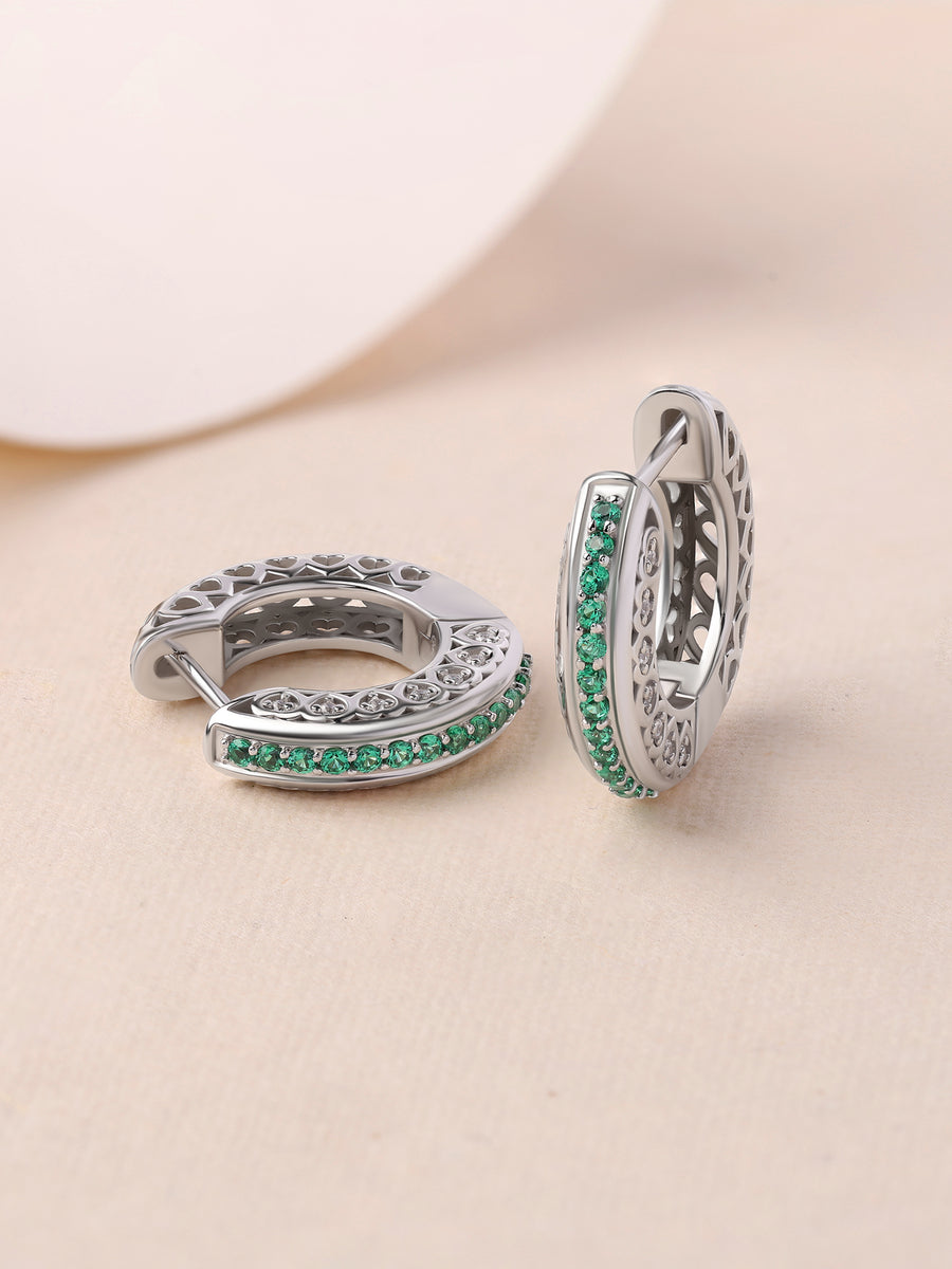 Silver Green Emerald CZ Textured Hoop Earrings