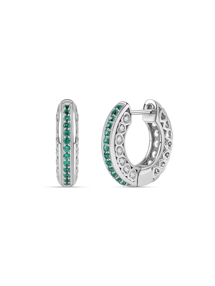 Silver Green Emerald CZ Textured Hoop Earrings